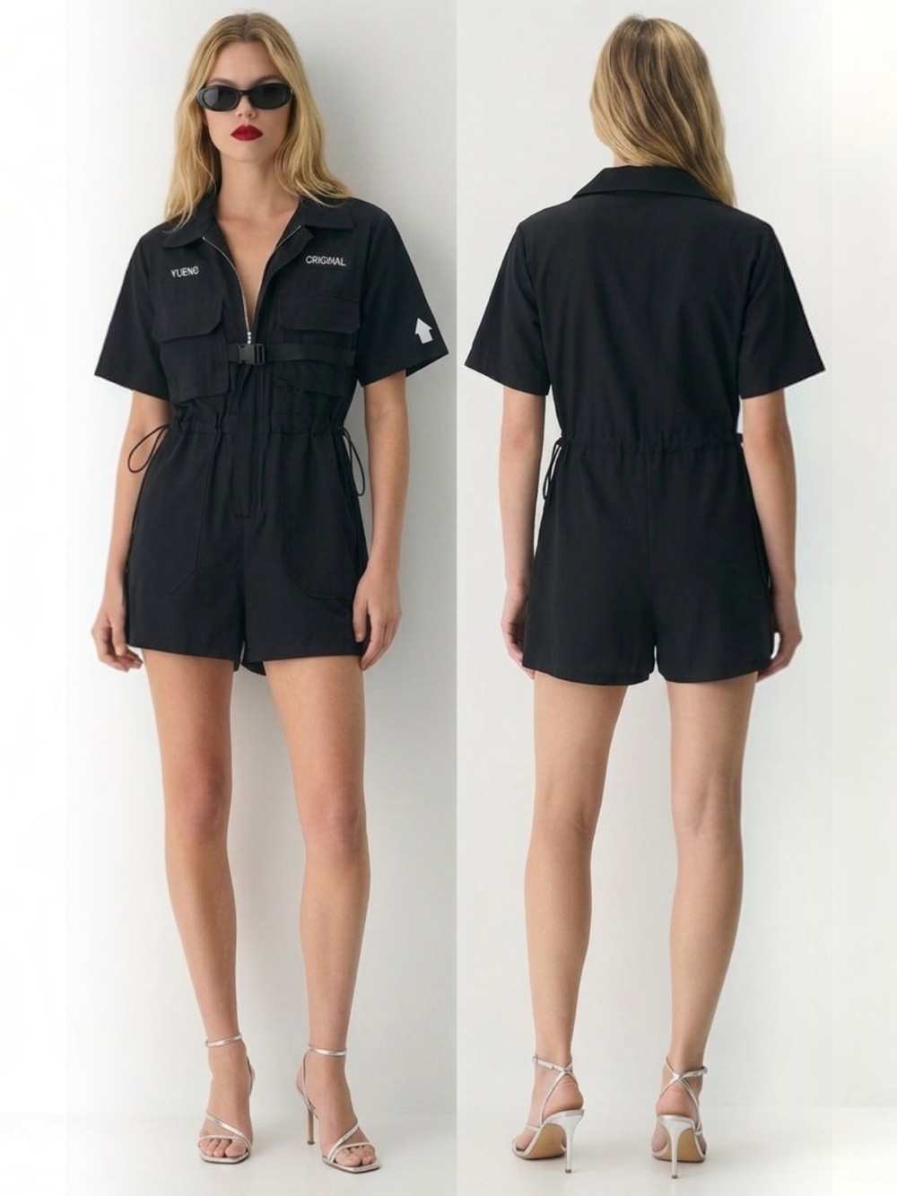 Maggie Yeung Cargo Zip Up Cotton Jumpsuit Romper Pockets Belt Shorts Patch Logo
